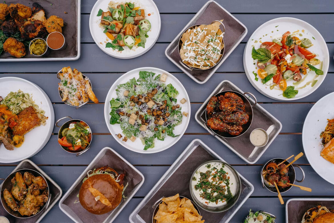 Overhead spread of shared dishes